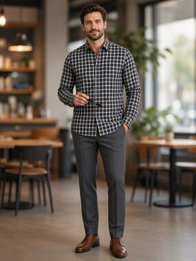 The Men's Store Men Grey White Plaid Classic Casual Long-Sleeve Button-Down US M